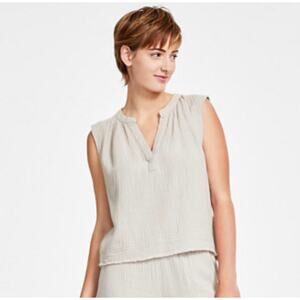 DKNY Sleeveless Gauze Cotton Top Beige Textured Blouse Women’s XL NWT $49